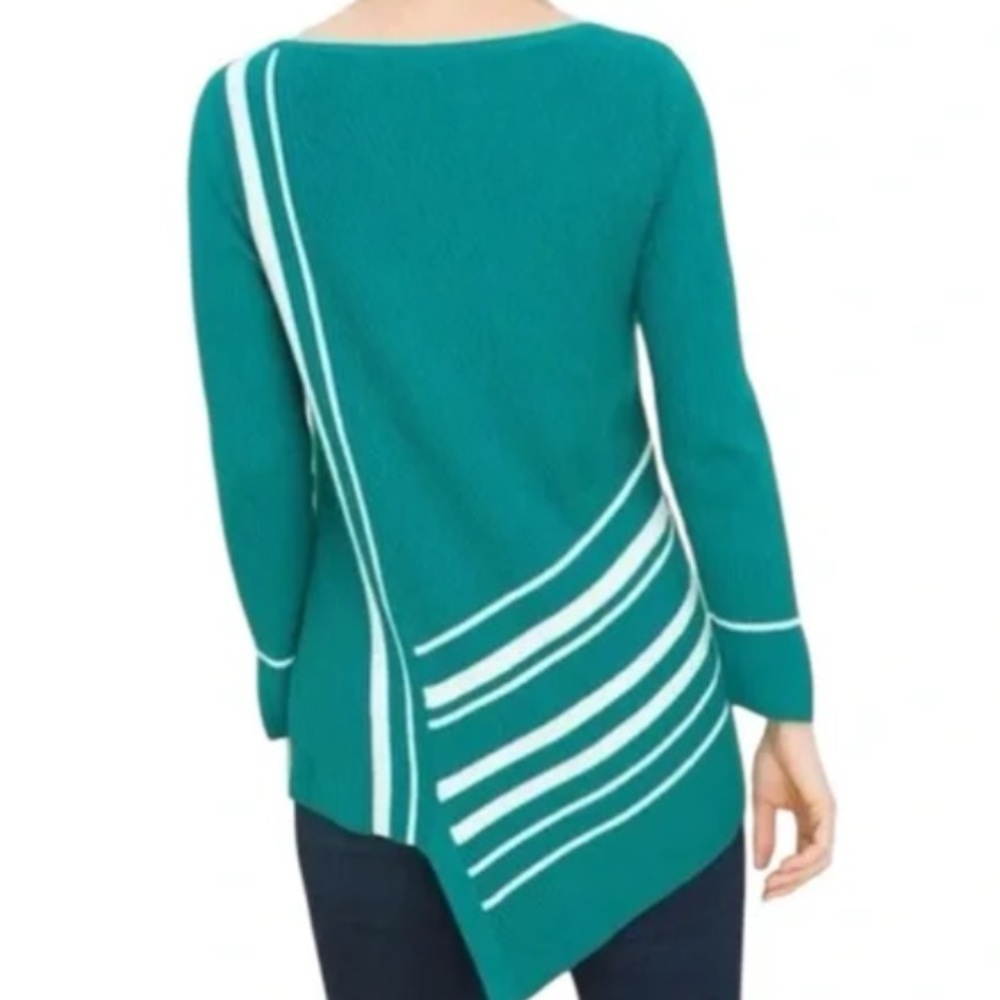 Chicos Sz 2 US L Bright Jade Coastal Asymmetrical Hem Striped Tunic Sweater - Picture 2 of 12